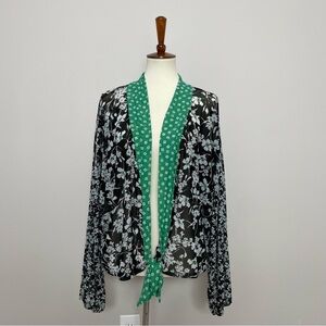 Cato Kimono Cardigan Wrap Floral Tie Front Slinky Lightweight Boho Green Black